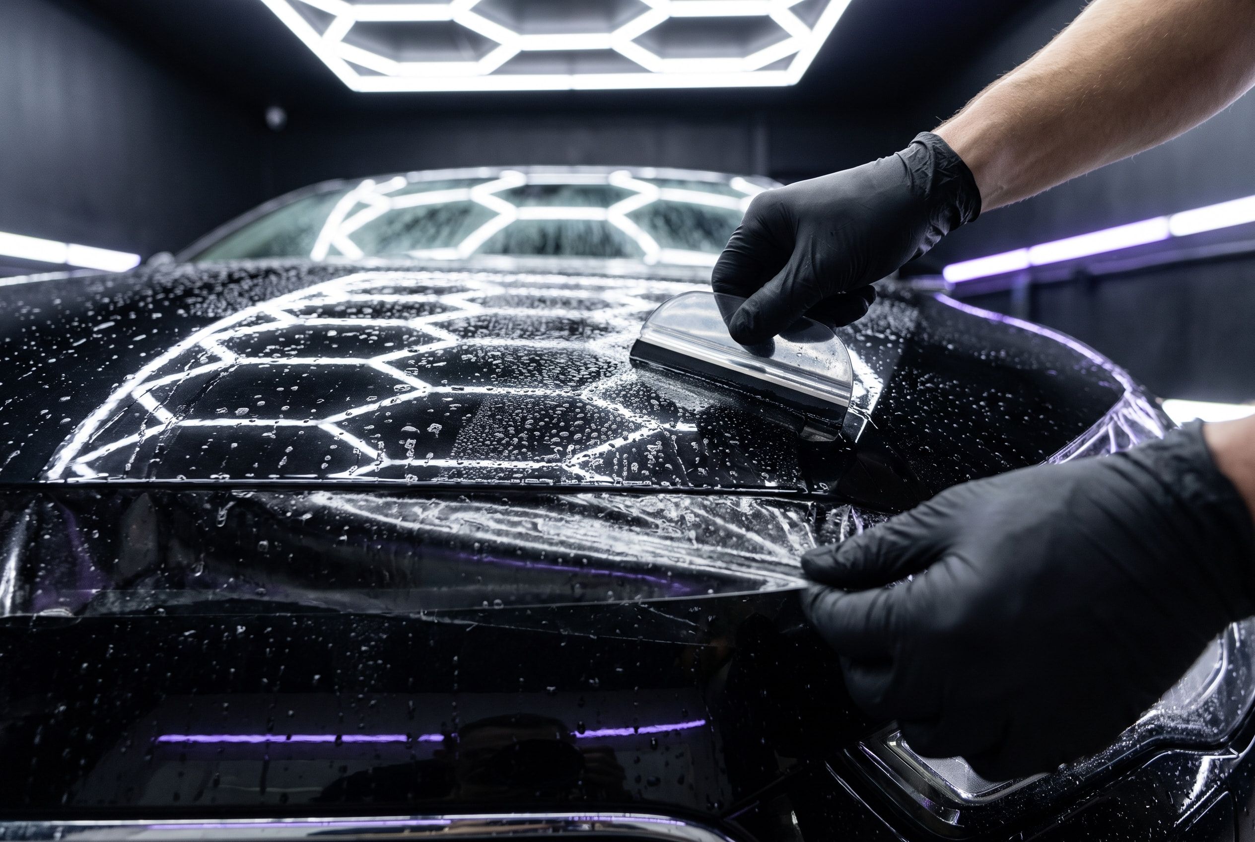 Klare Lackschutzfolie mit Montageflüssigkeit auf einer glänzenden Motorhaube